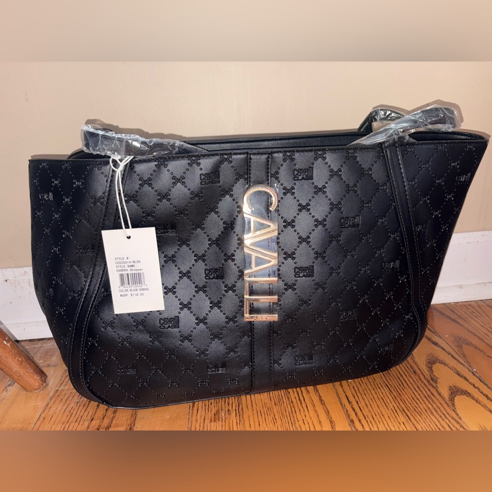 Cavalli Sandra Black Onyx Deboss Shopper Tote BNWT MSRP $118